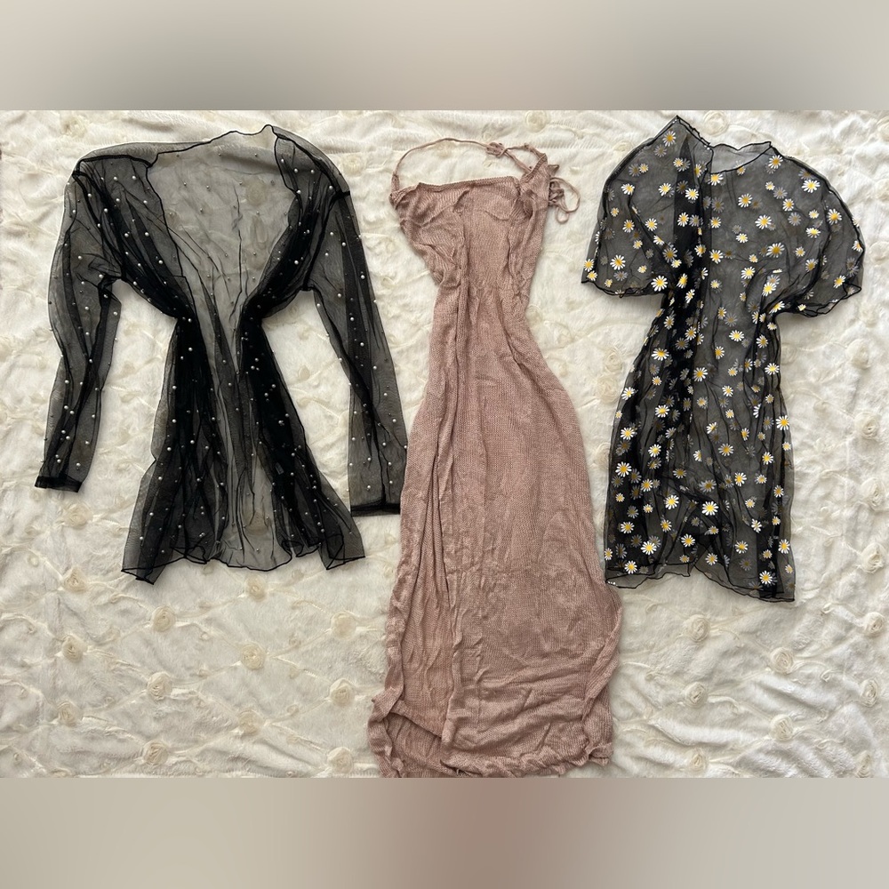 3 SWIMSUIT COVER UP! Sexy Sheer Black Daisy Mini Dress, Maxi Dress, Embellished